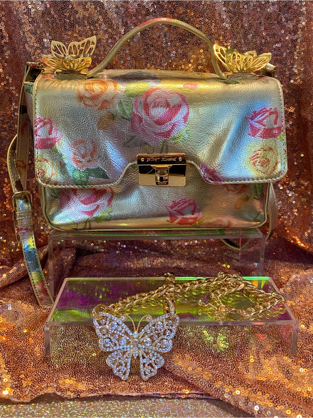 🌹🦋Golden Garden Glam | Betsey Johnson Satchel + Butterfly Crystal Necklace Set